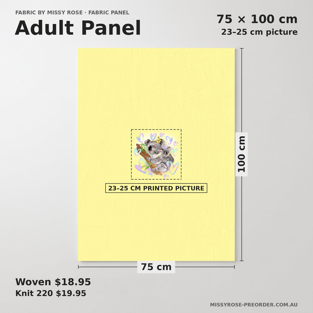 Design 15 Yellow Koala Panel adult panel sizing – 23–25 cm printed picture on 75 × 100 cm fabric | Fabric by Missy Rose