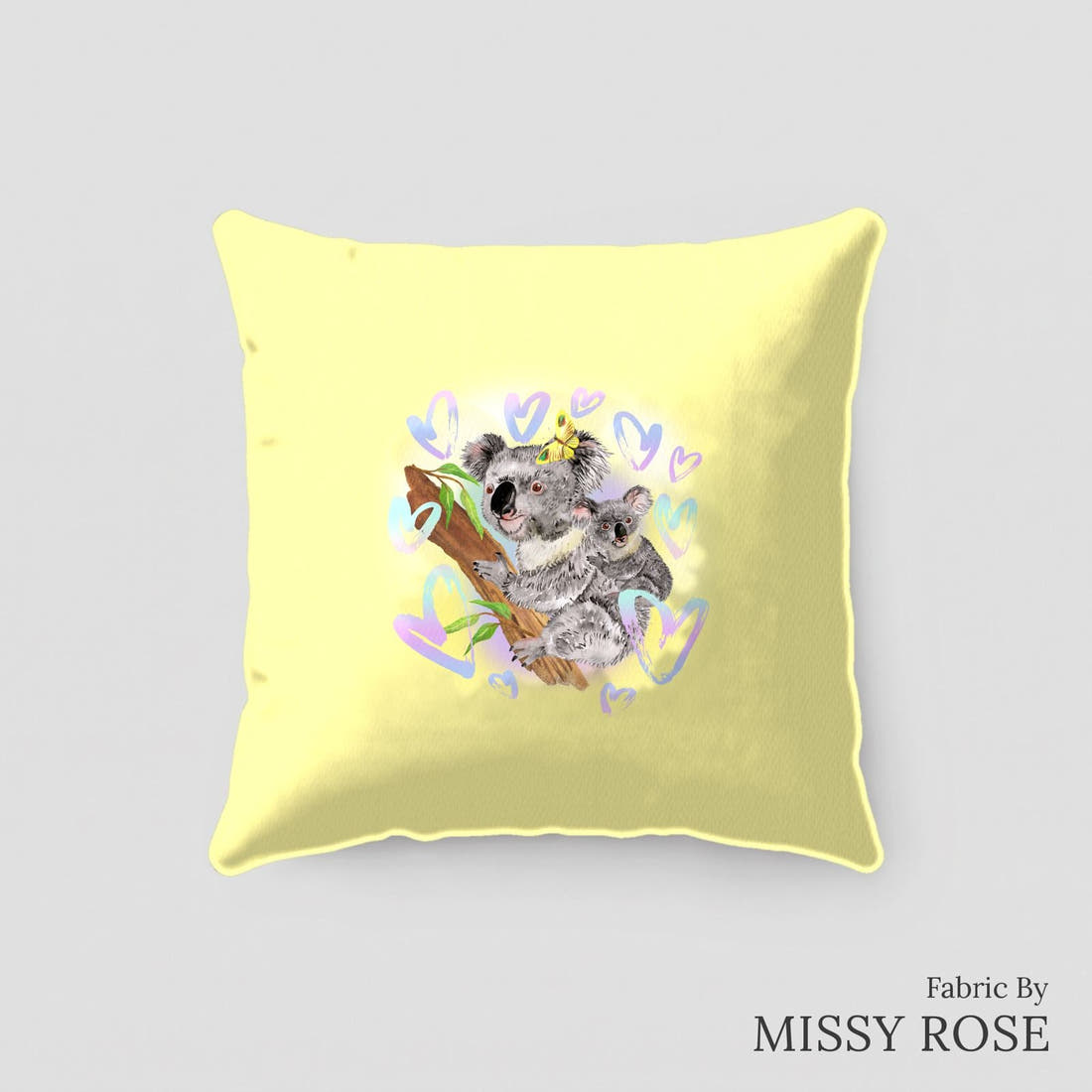 Design 15 Yellow Koala Panel sewn into a cushion – see how the panel looks made up | Fabric by Missy Rose