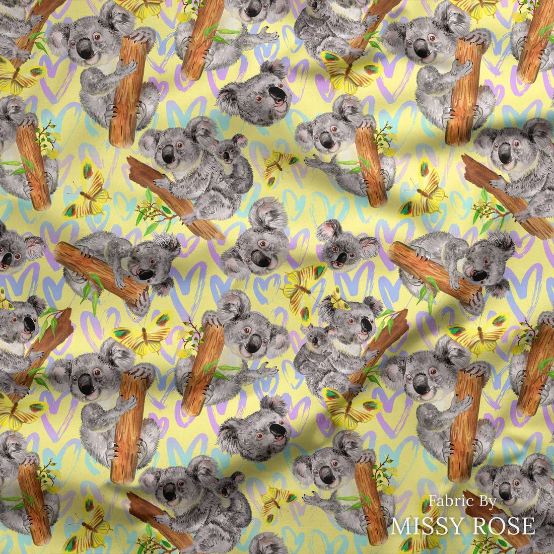 Design 15 Yellow Koala Fabric draped fabric mockup – custom printed fabric by the metre | Fabric by Missy Rose