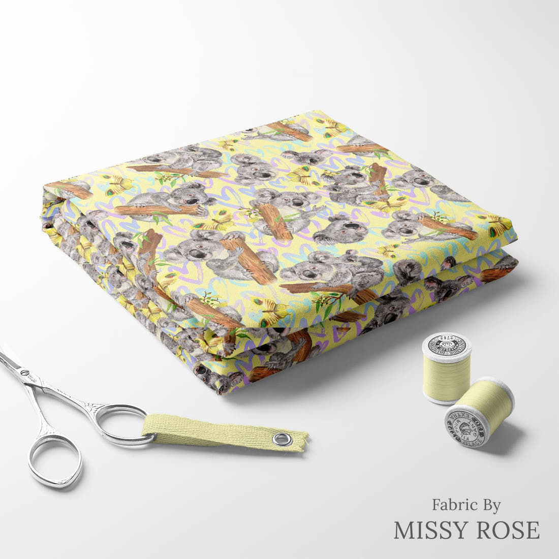 Design 15 Yellow Koala Fabric folded fabric stack with matching thread – pre-order fabric Australia | Fabric by Missy Rose