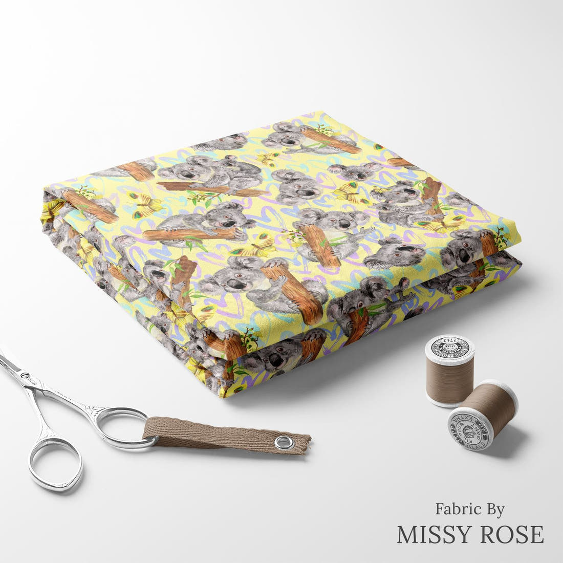 Design 15 Yellow Koala Fabric folded fabric stack with matching thread – pre-order fabric Australia | Fabric by Missy Rose
