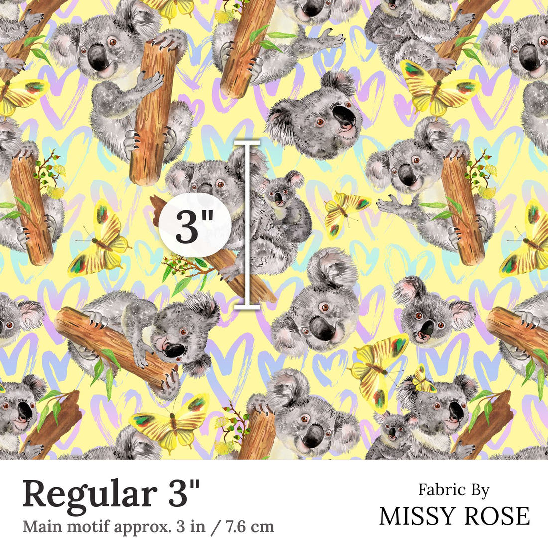 Design 15 Yellow Koala Fabric Regular 3 inch print scale guide | Fabric by Missy Rose