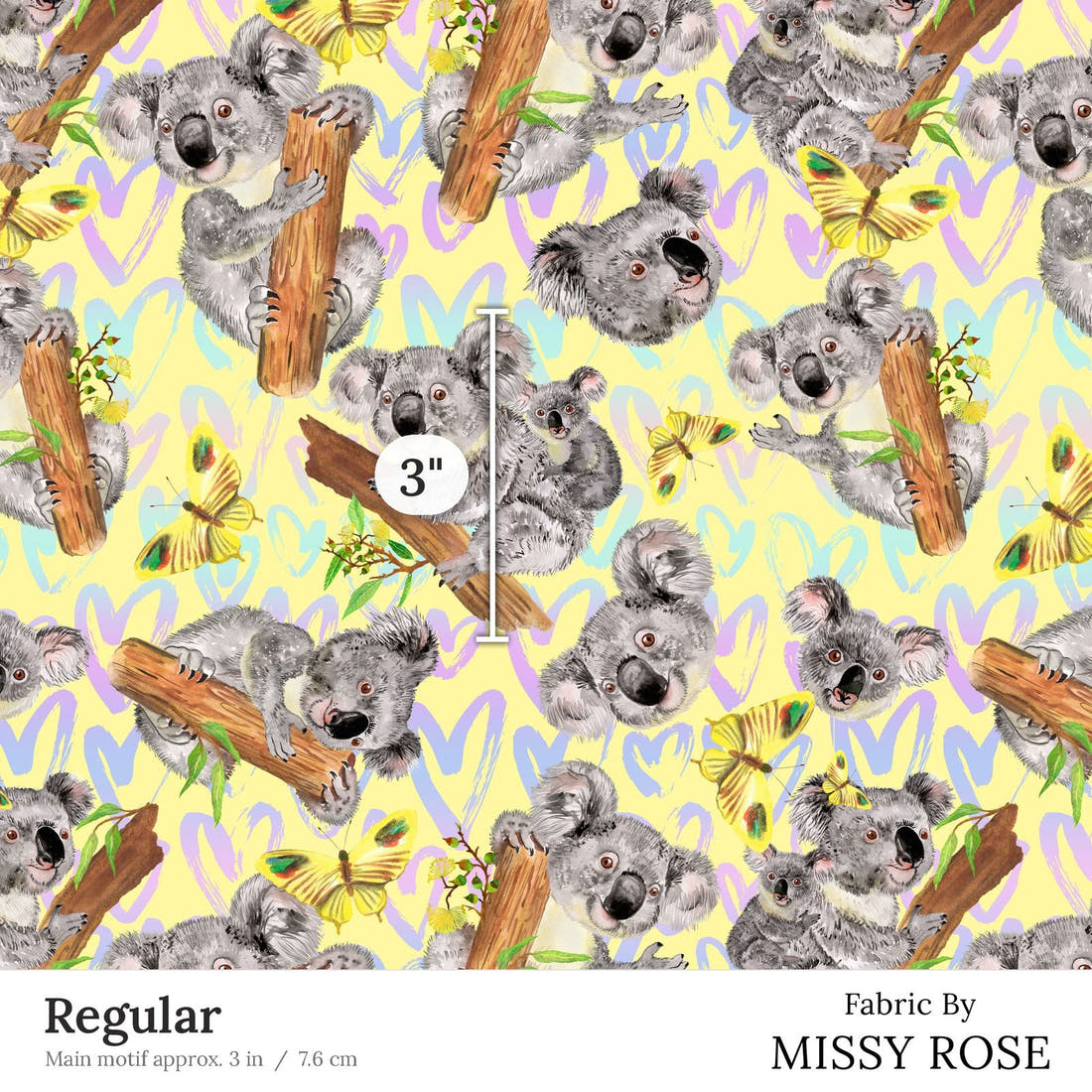 Design 15 Yellow Koala Fabric Regular 3 inch print scale guide | Fabric by Missy Rose