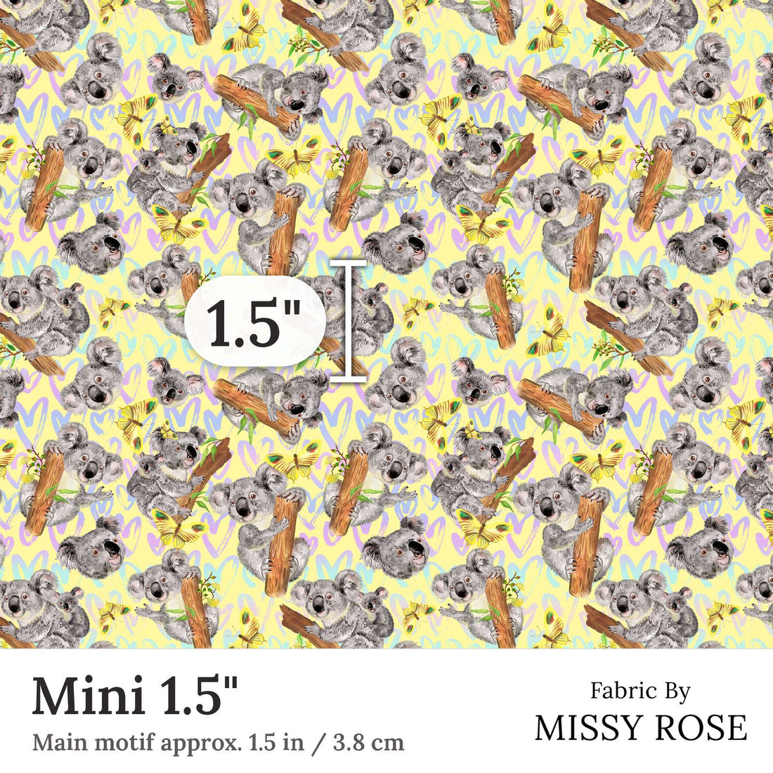 Design 15 Yellow Koala Fabric Mini 1.5 inch print scale guide | Fabric by Missy Rose