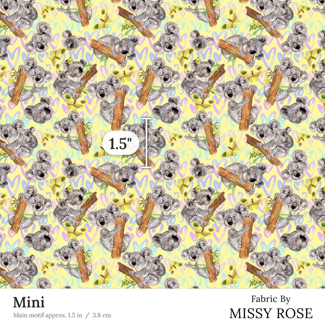 Design 15 Yellow Koala Fabric Mini 1.5 inch print scale guide | Fabric by Missy Rose