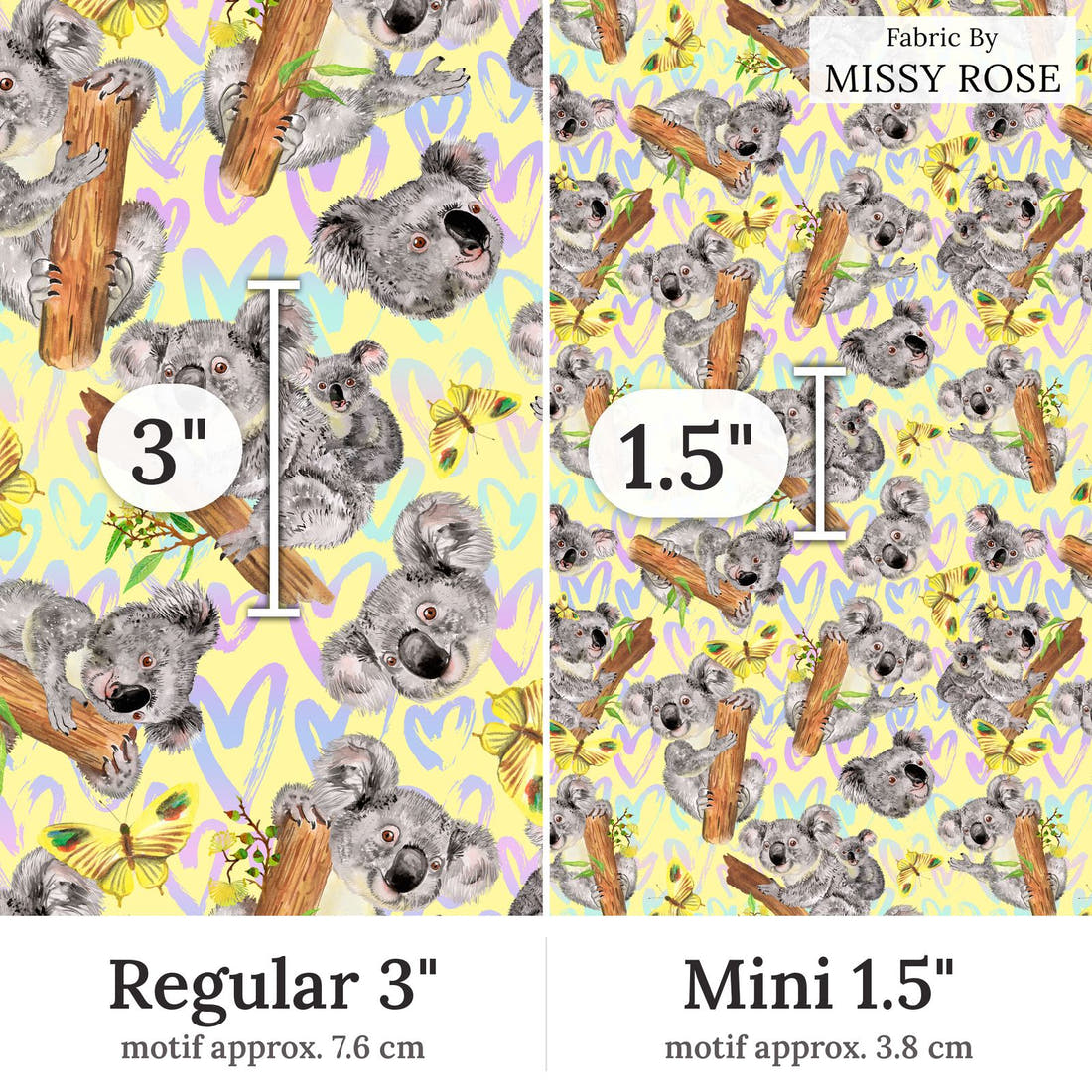 Design 15 Yellow Koala Fabric Regular 3 inch vs Mini 1.5 inch print scale side by side | Fabric by Missy Rose