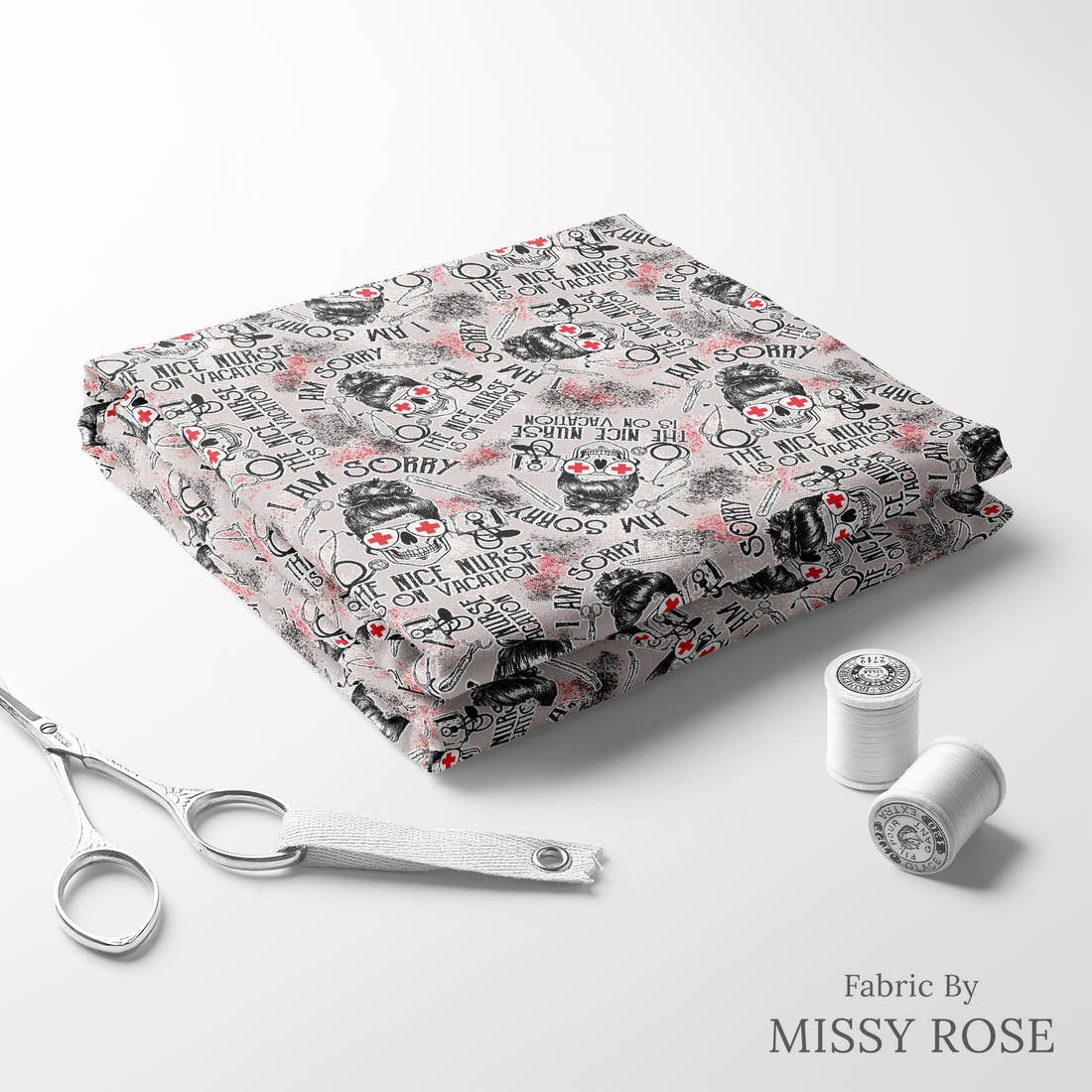 Design 150 Grey Nurse Fabric folded fabric stack with matching thread – pre-order fabric Australia | Fabric by Missy Rose