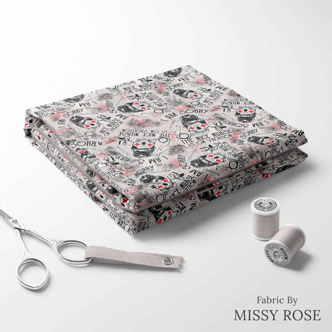 Design 150 Grey Nurse Fabric folded fabric stack with matching thread – pre-order fabric Australia | Fabric by Missy Rose