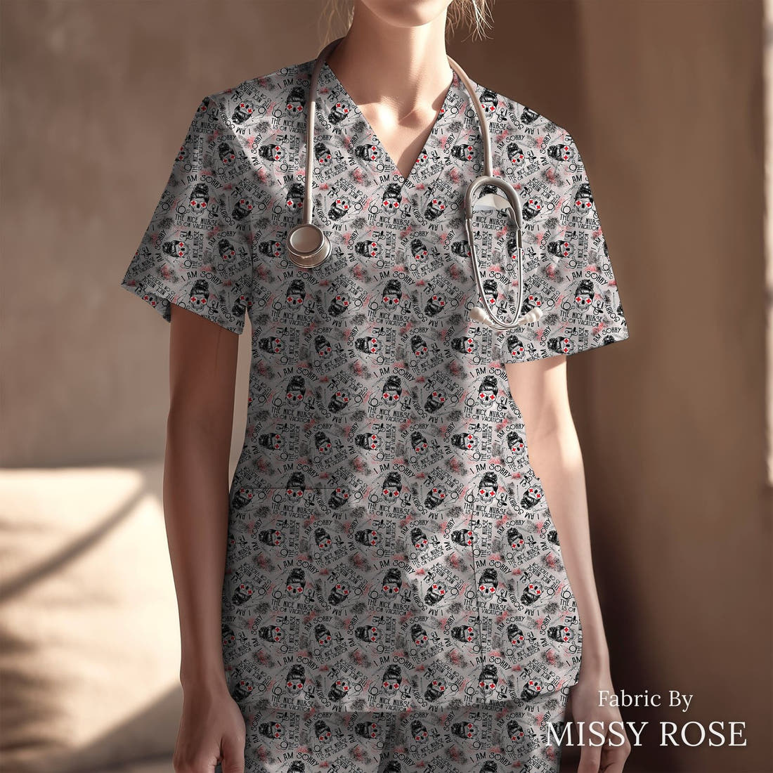 Design 150 Grey Nurse Fabric sewn into a scrubs top – see how the print looks made up | Fabric by Missy Rose