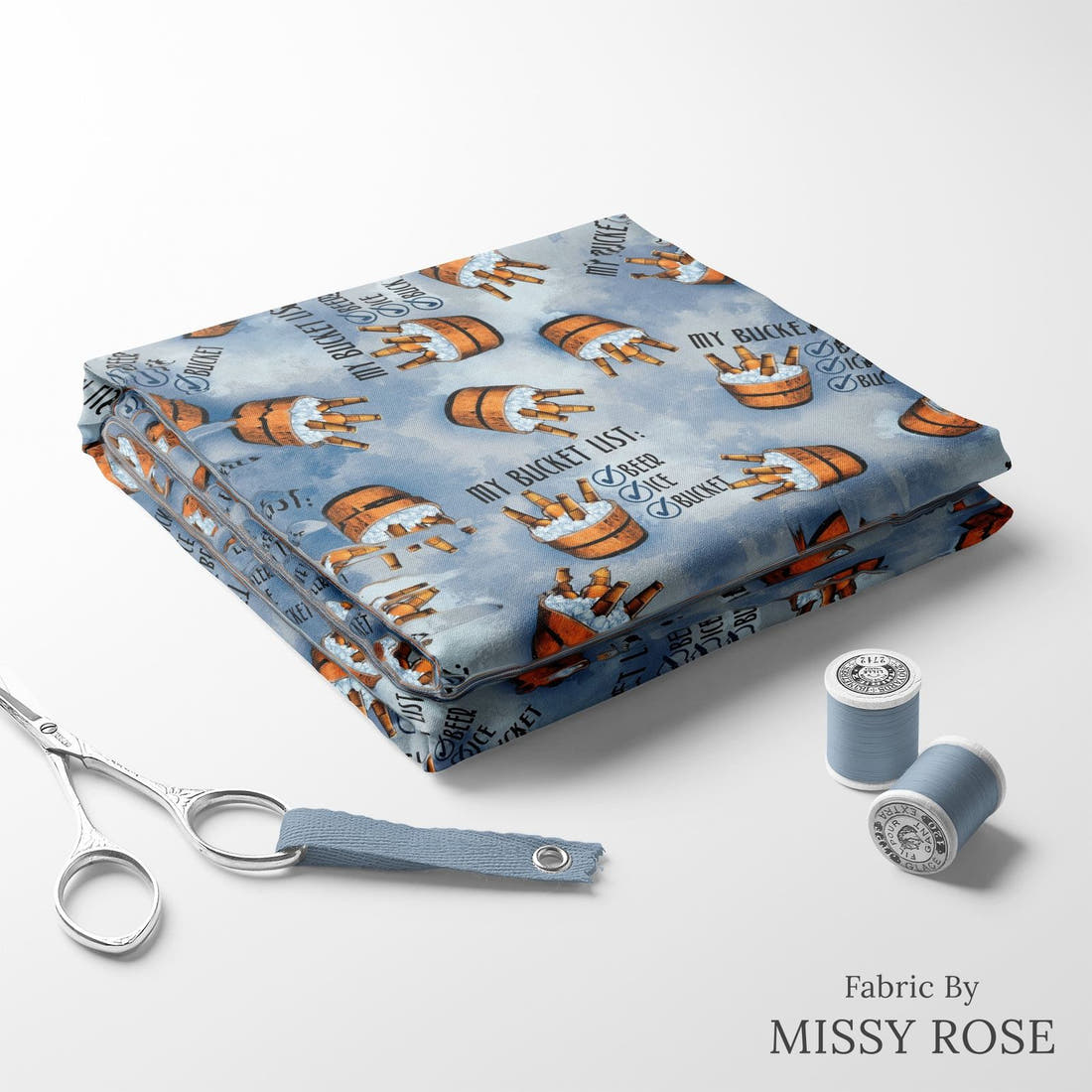 Design 151 Bucket List Fabric folded fabric stack with matching thread – pre-order fabric Australia | Fabric by Missy Rose