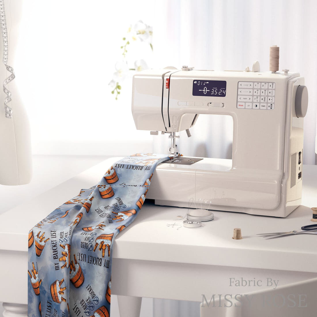 Design 151 Bucket List Fabric on a sewing machine – premium fabric for sewing projects | Fabric by Missy Rose