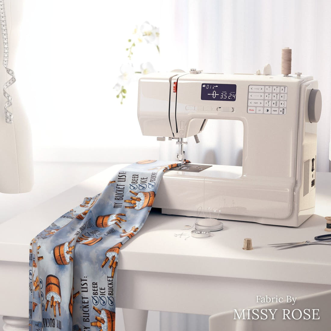 Design 151 Bucket List Fabric on a sewing machine – premium fabric for sewing projects | Fabric by Missy Rose