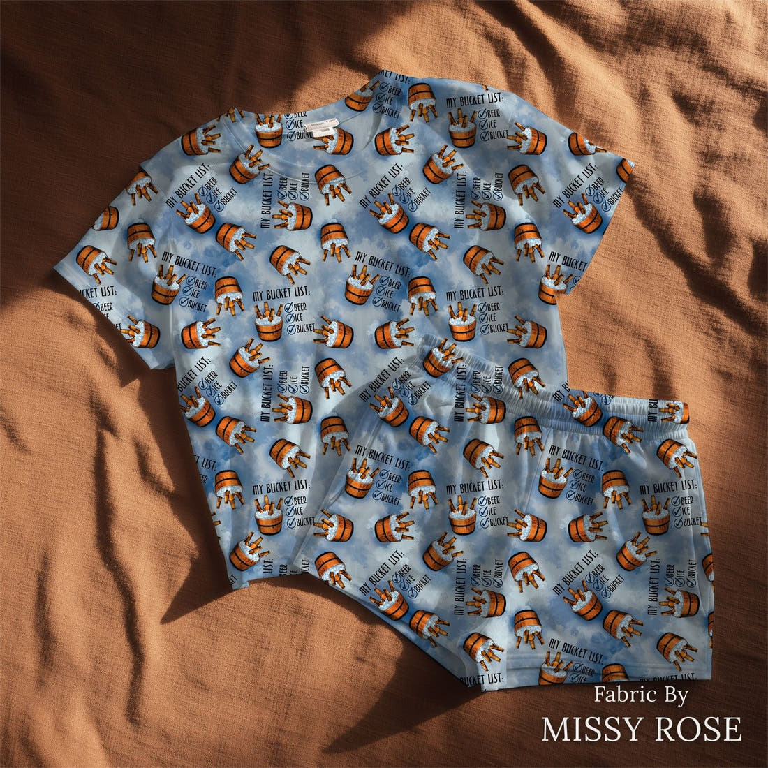 Design 151 Bucket List Fabric sewn into a lounge set – see how the print looks made up | Fabric by Missy Rose
