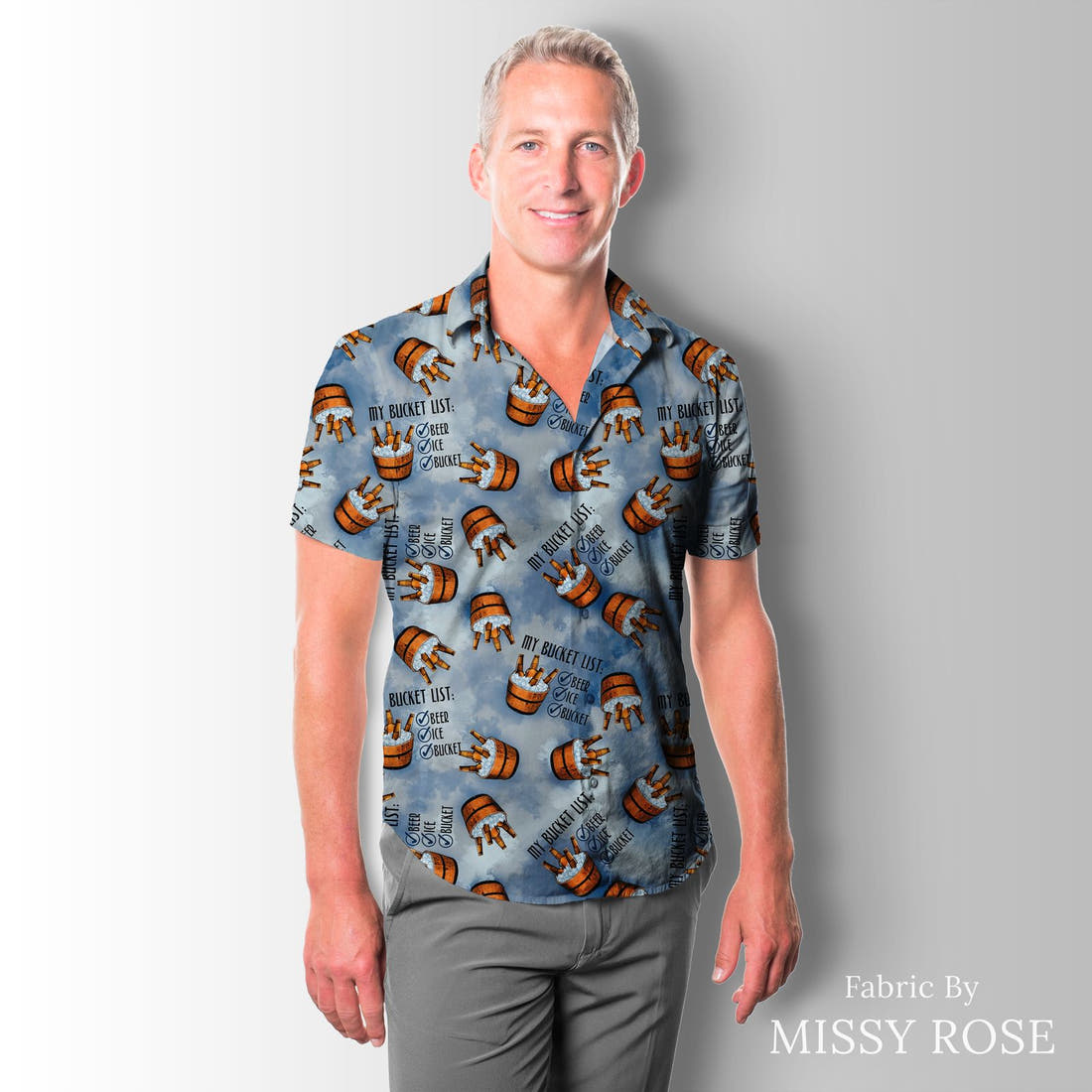 Design 151 Bucket List Fabric sewn into a men's shirt – see how the print looks made up | Fabric by Missy Rose