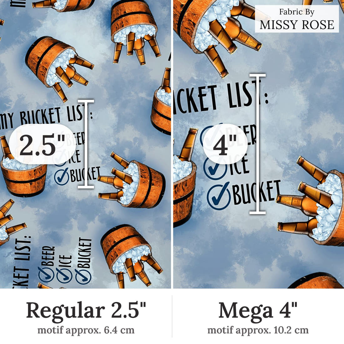 Design 151 Bucket List Fabric Regular 2.5 inch vs Mega 4 inch print scale side by side | Fabric by Missy Rose