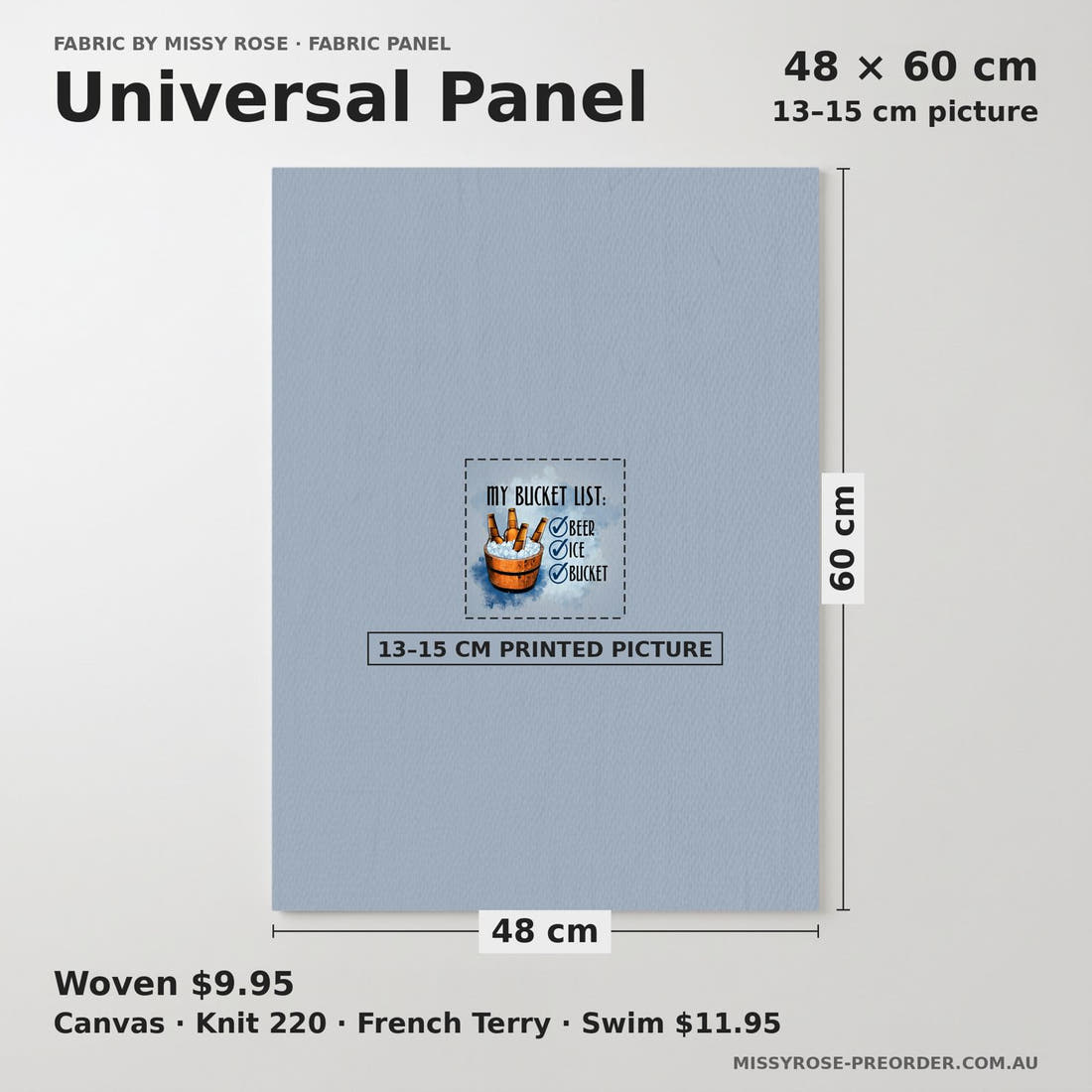 Design 151 Bucket List Panel universal panel sizing – 13–15 cm printed picture on 48 × 60 cm fabric | Fabric by Missy Rose