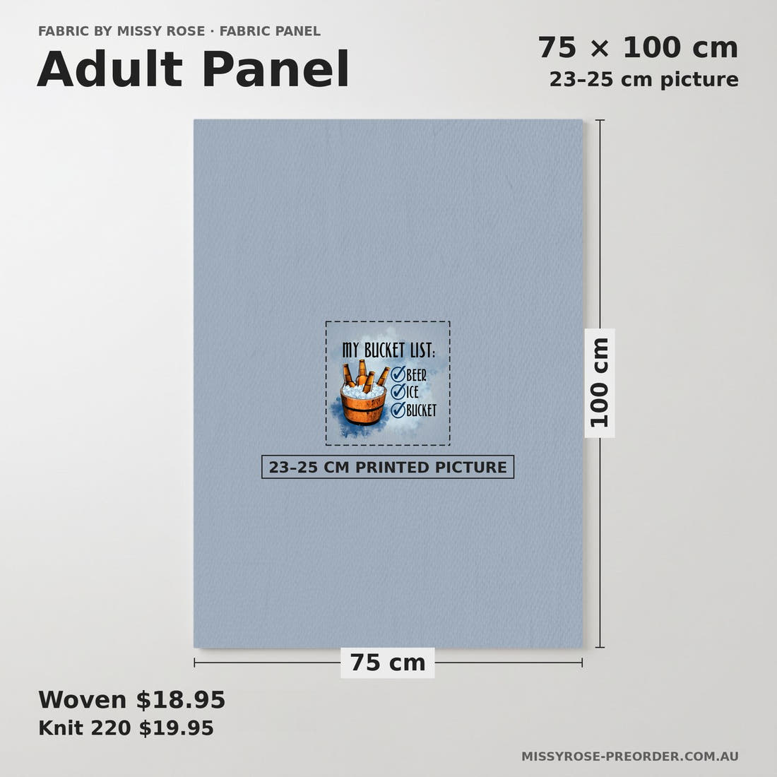 Design 151 Bucket List Panel adult panel sizing – 23–25 cm printed picture on 75 × 100 cm fabric | Fabric by Missy Rose