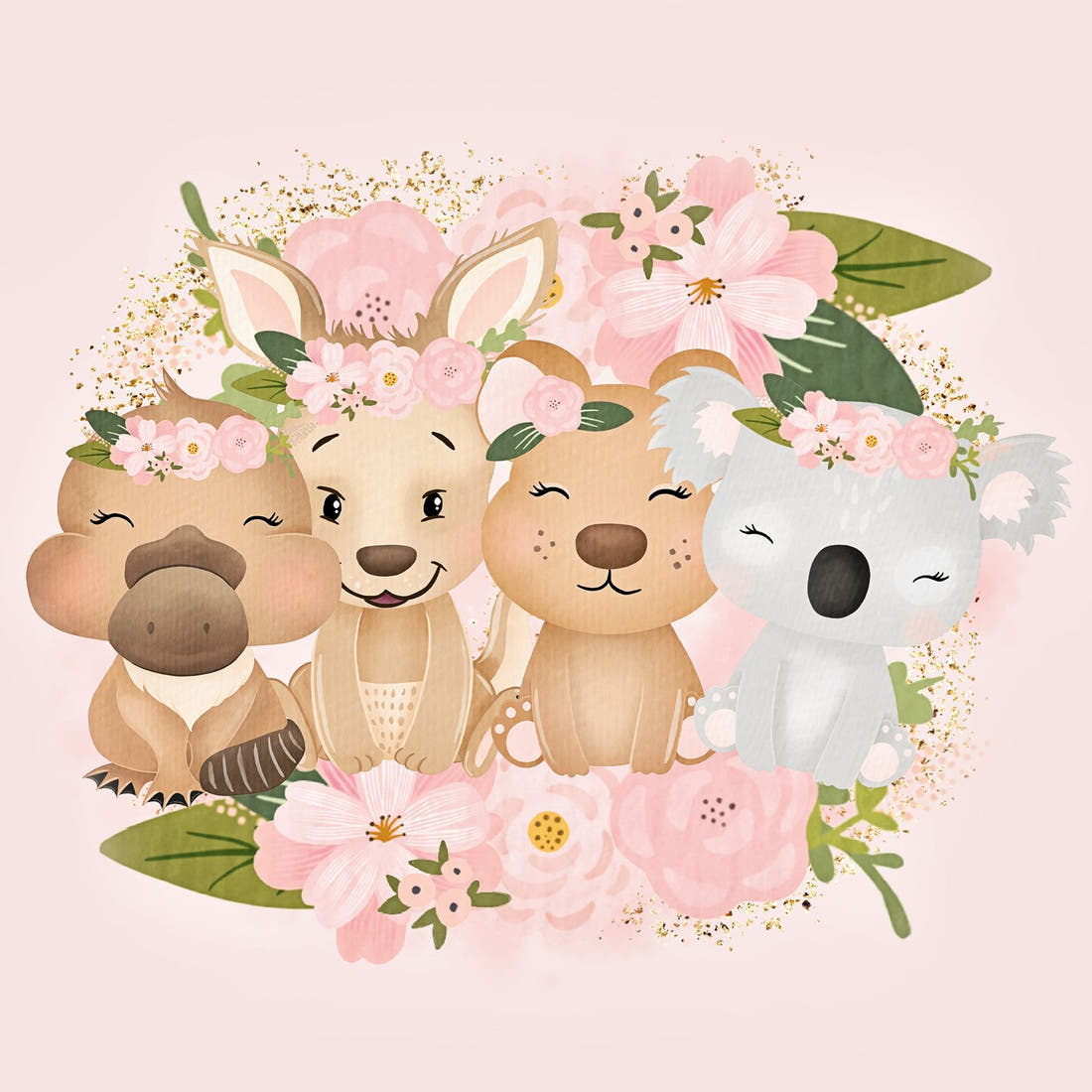 Design 152 Pink Cute Australian Animals Panel – full artwork close-up of the printed picture | Fabric by Missy Rose