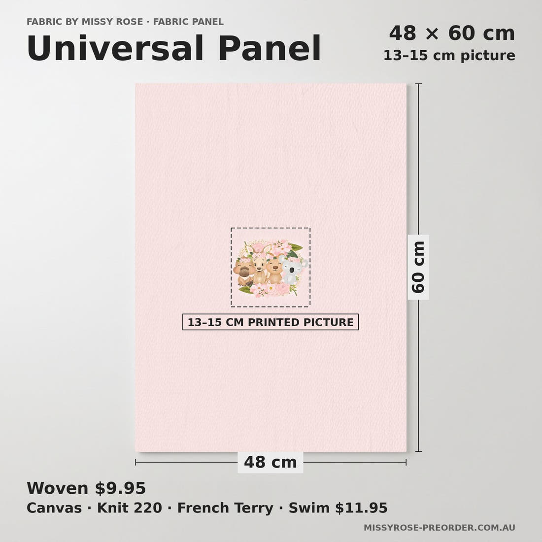 Design 152 Pink Cute Australian Animals Panel universal panel sizing – 13–15 cm printed picture on 48 × 60 cm fabric | Fabric by Missy Rose