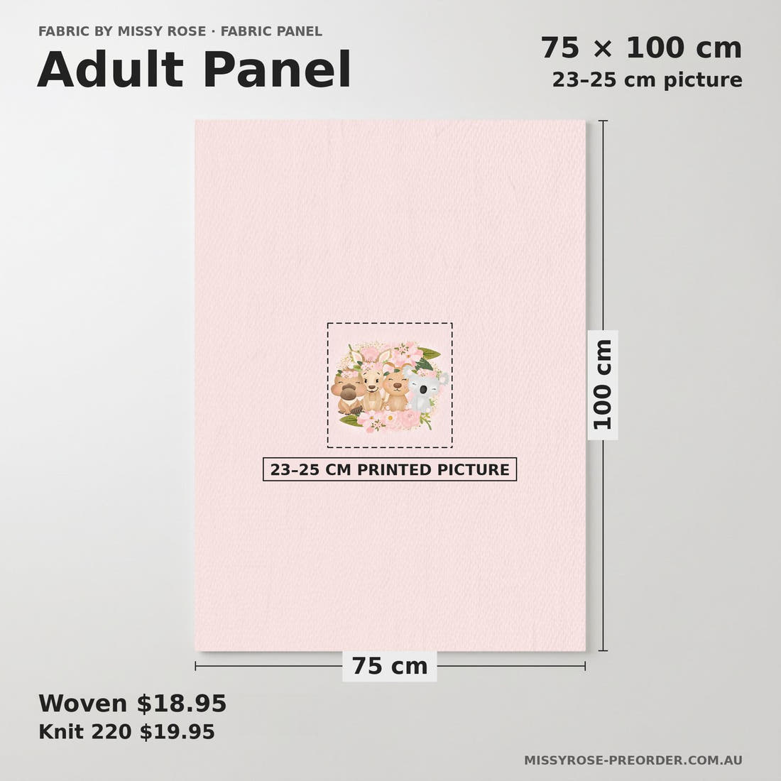 Design 152 Pink Cute Australian Animals Panel adult panel sizing – 23–25 cm printed picture on 75 × 100 cm fabric | Fabric by Missy Rose
