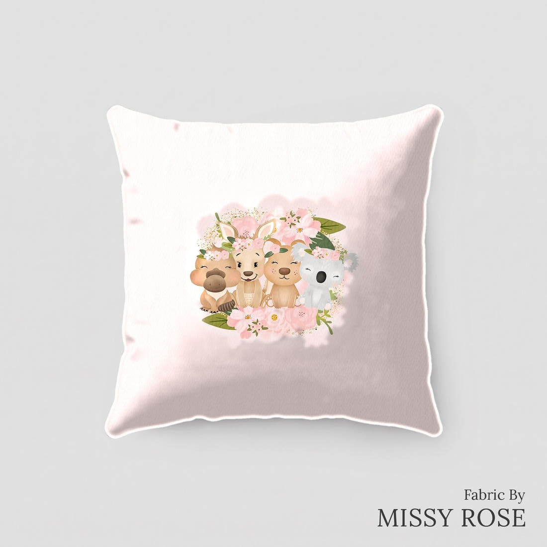 Design 152 Pink Cute Australian Animals Panel sewn into a cushion – see how the panel looks made up | Fabric by Missy Rose