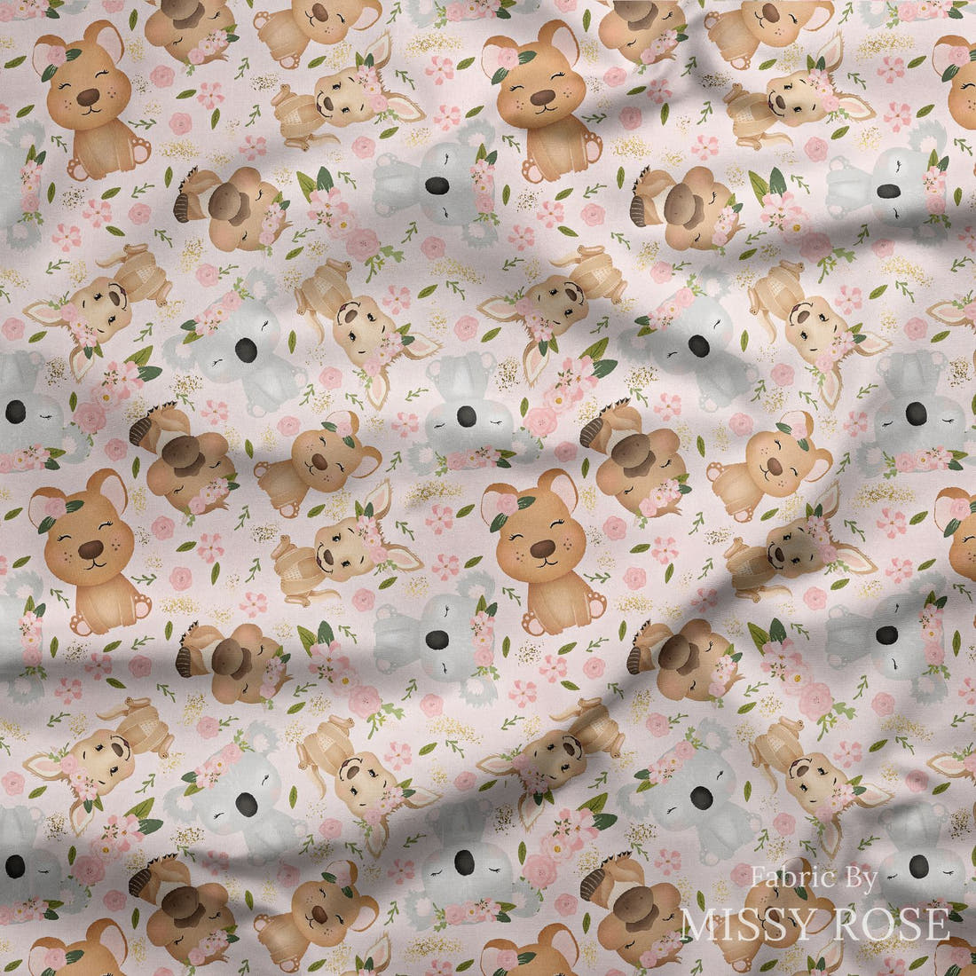 Design 152 Pink Cute Australian Animals Fabric draped fabric mockup – custom printed fabric by the metre | Fabric by Missy Rose