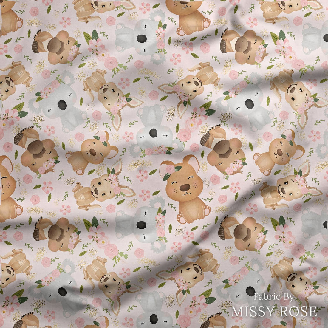 Design 152 Pink Cute Australian Animals Fabric draped fabric mockup – custom printed fabric by the metre | Fabric by Missy Rose