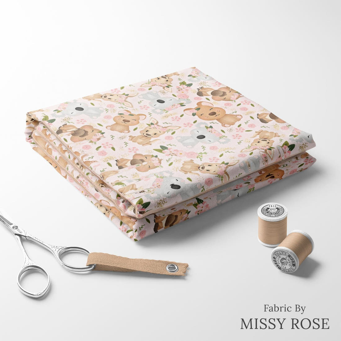 Design 152 Pink Cute Australian Animals Fabric folded fabric stack with matching thread – pre-order fabric Australia | Fabric by Missy Rose