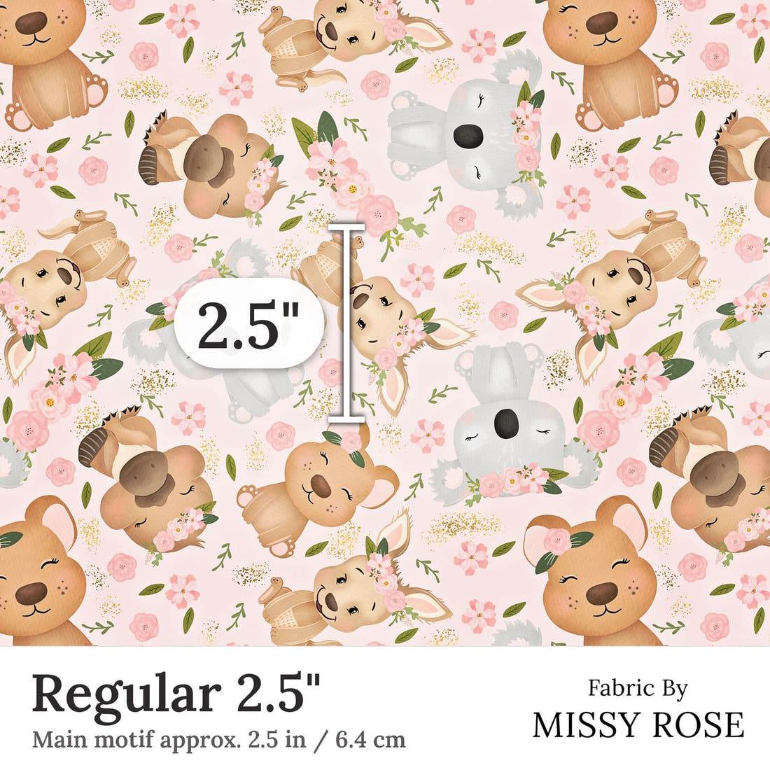 Design 152 Pink Cute Australian Animals Fabric Regular 2.5 inch print scale guide | Fabric by Missy Rose