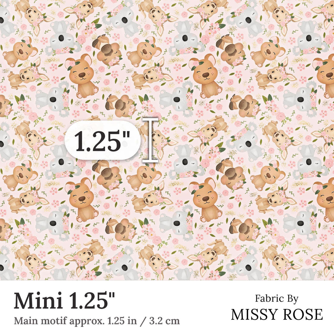 Design 152 Pink Cute Australian Animals Fabric Mini 1.25 inch print scale guide | Fabric by Missy Rose
