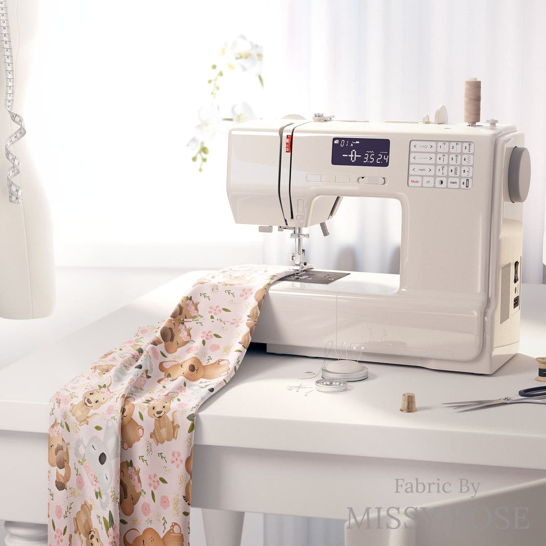 Design 152 Pink Cute Australian Animals Fabric on a sewing machine – premium fabric for sewing projects | Fabric by Missy Rose