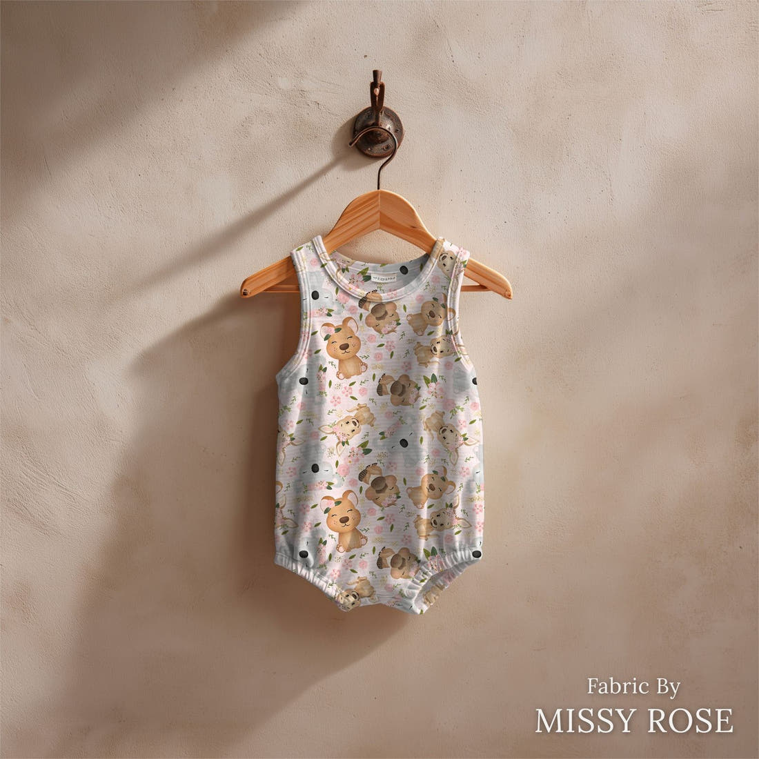 Design 152 Pink Cute Australian Animals Fabric sewn into a baby romper – see how the print looks made up | Fabric by Missy Rose