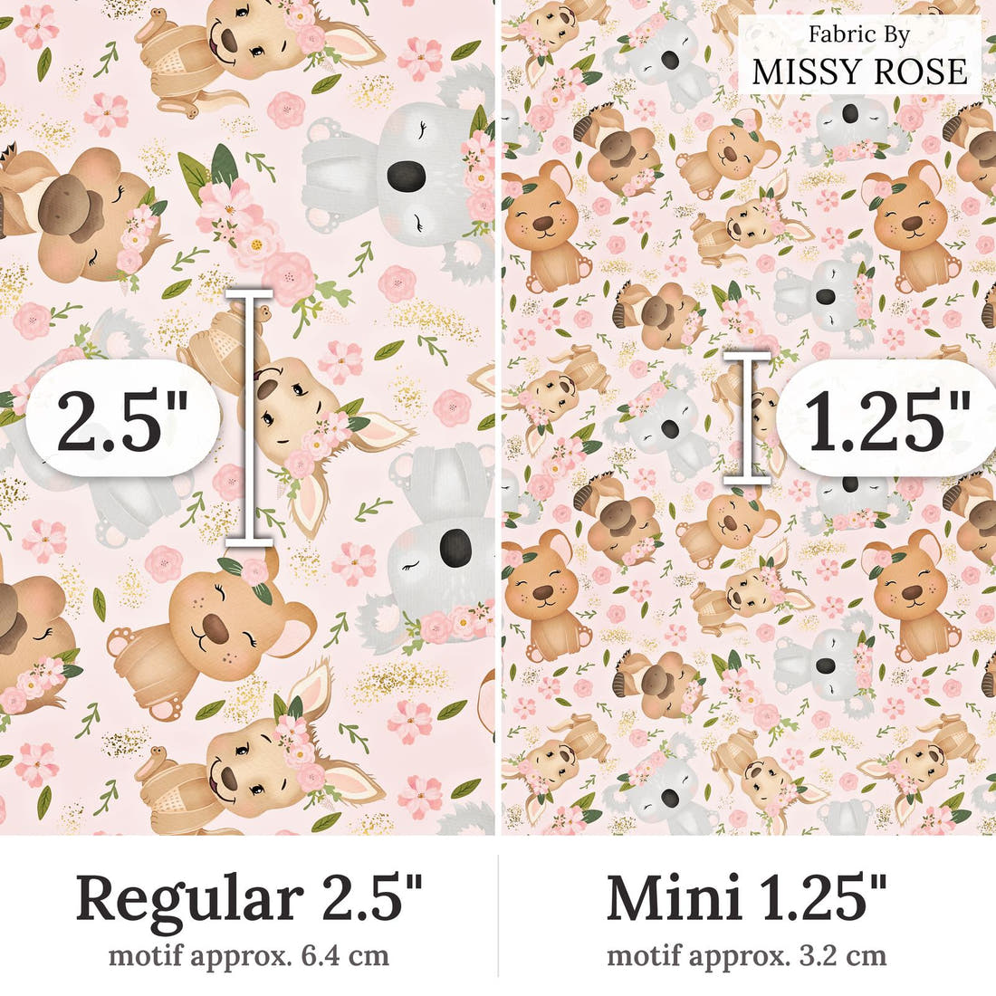 Design 152 Pink Cute Australian Animals Fabric Regular 2.5 inch vs Mini 1.25 inch print scale side by side | Fabric by Missy Rose