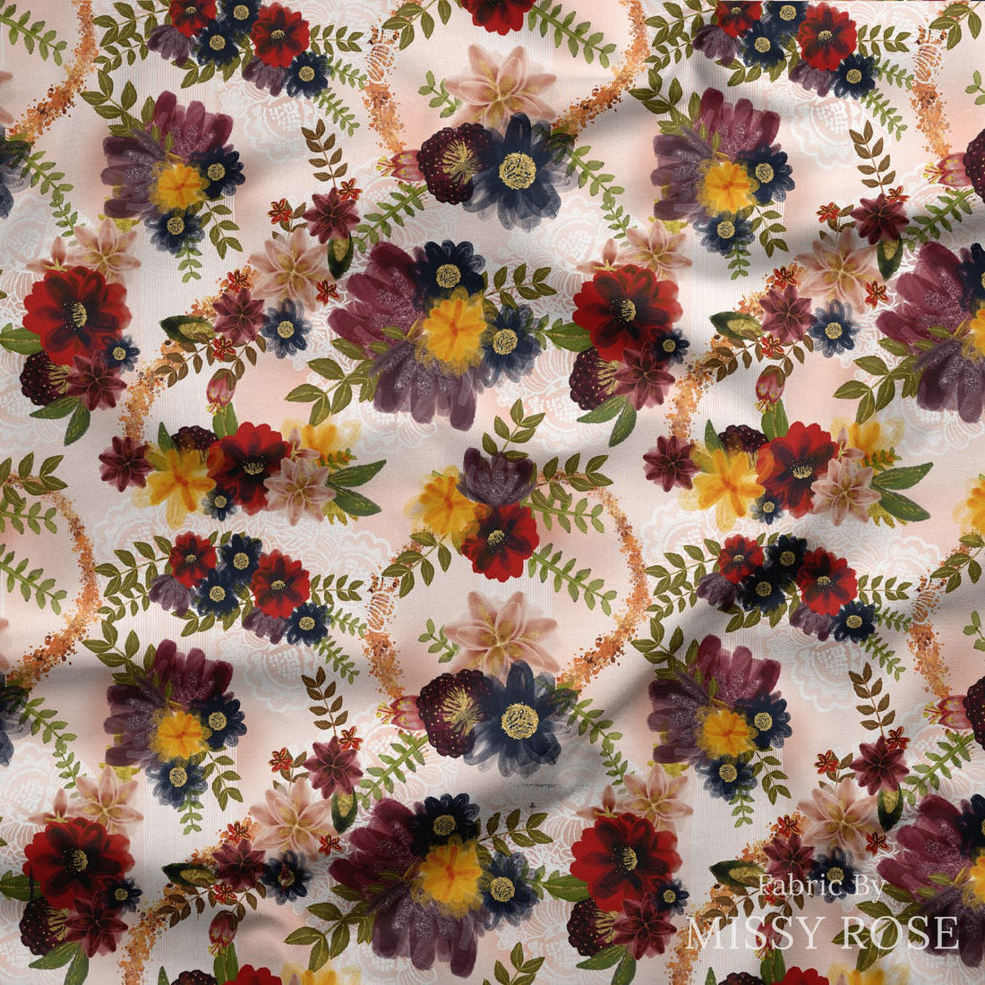 Design 153 Autumn Floral Fabric draped fabric mockup – custom printed fabric by the metre | Fabric by Missy Rose
