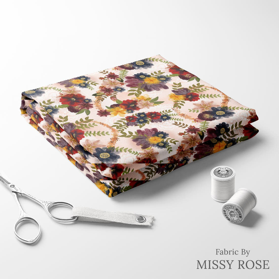 Design 153 Autumn Floral Fabric folded fabric stack with matching thread – pre-order fabric Australia | Fabric by Missy Rose