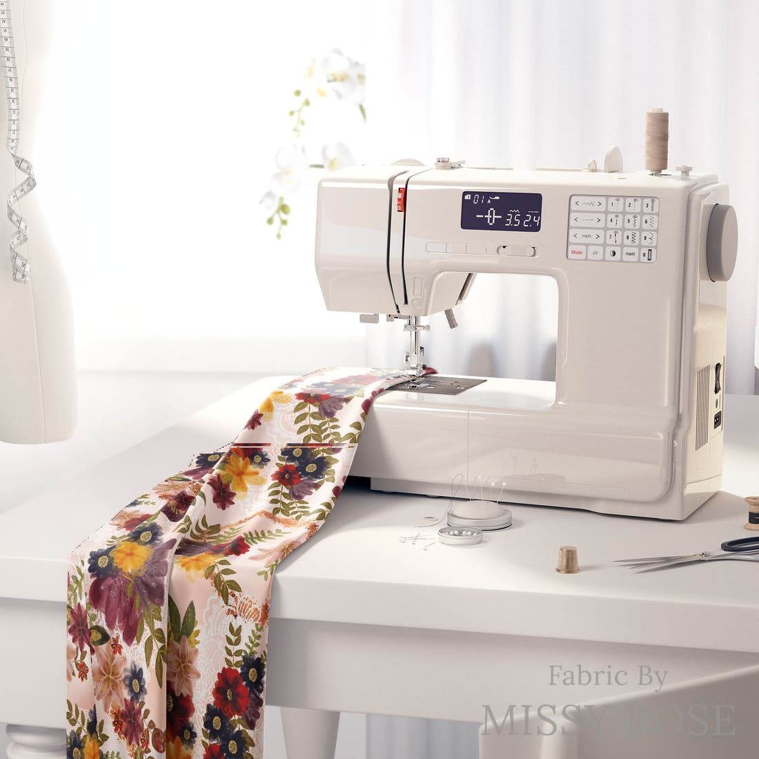 Design 153 Autumn Floral Fabric on a sewing machine – premium fabric for sewing projects | Fabric by Missy Rose