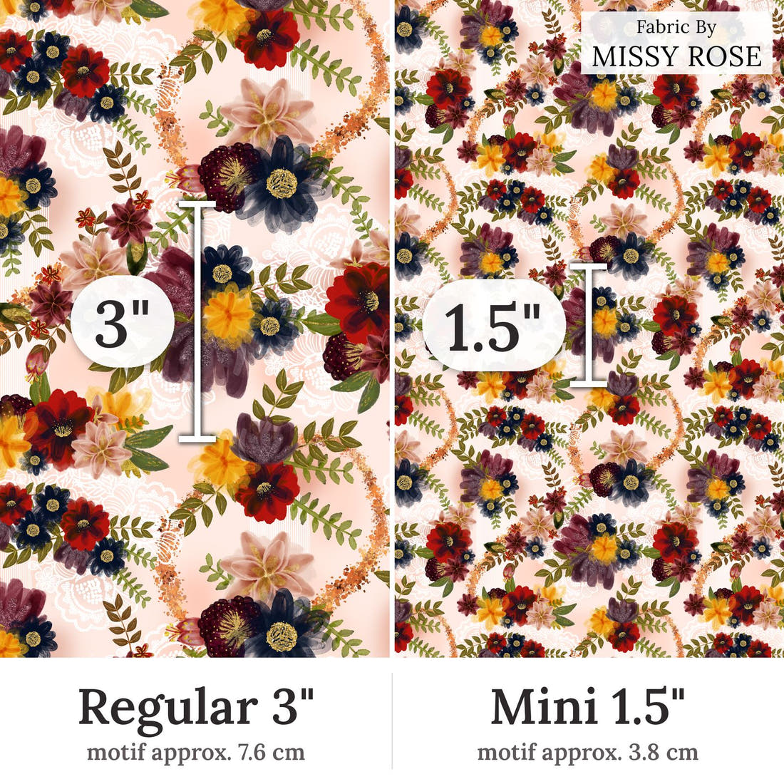 Design 153 Autumn Floral Fabric Regular 3 inch vs Mini 1.5 inch print scale side by side | Fabric by Missy Rose