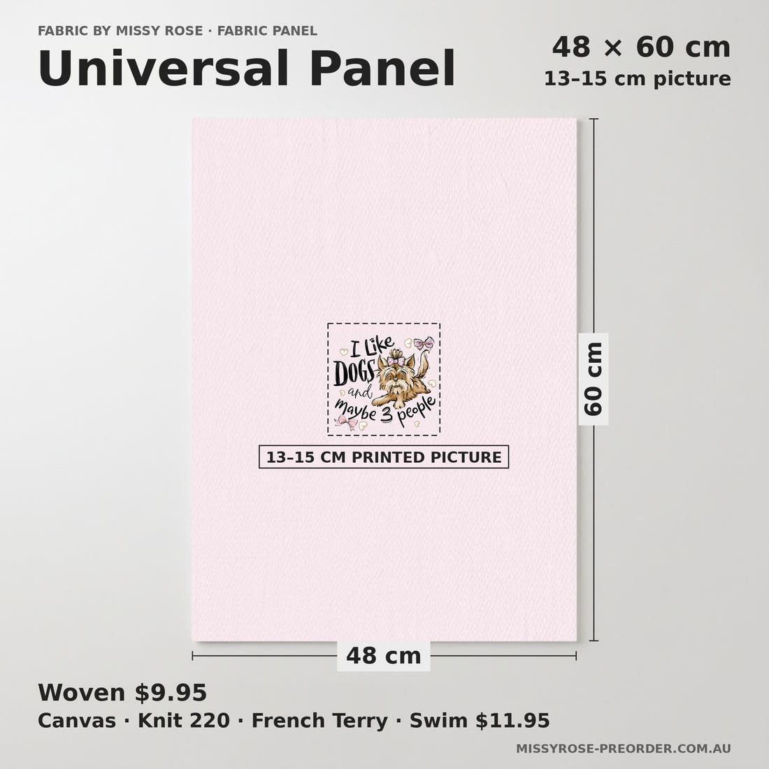 Design 154 Pink Dogs Panel universal panel sizing – 13–15 cm printed picture on 48 × 60 cm fabric | Fabric by Missy Rose
