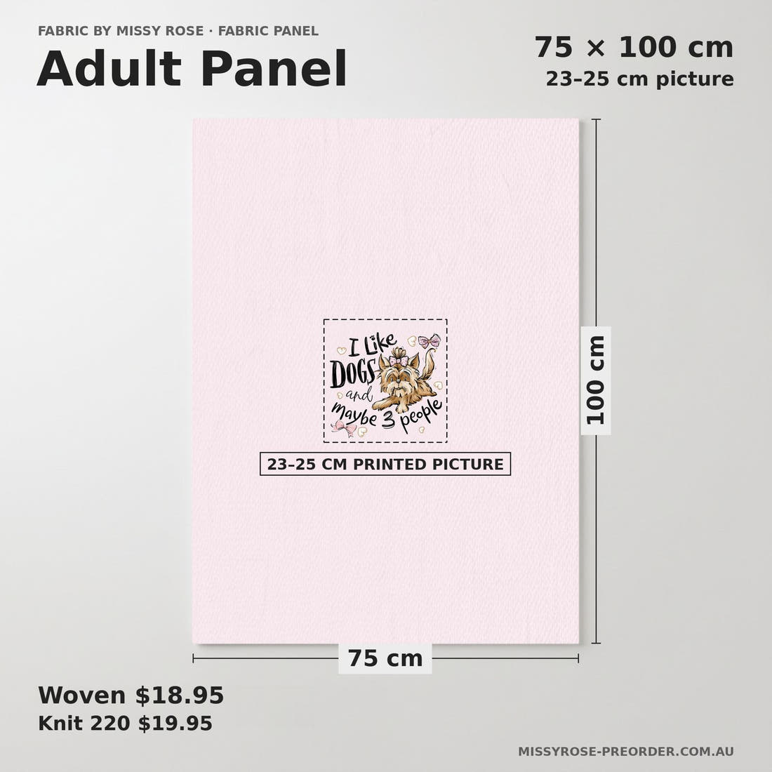 Design 154 Pink Dogs Panel adult panel sizing – 23–25 cm printed picture on 75 × 100 cm fabric | Fabric by Missy Rose