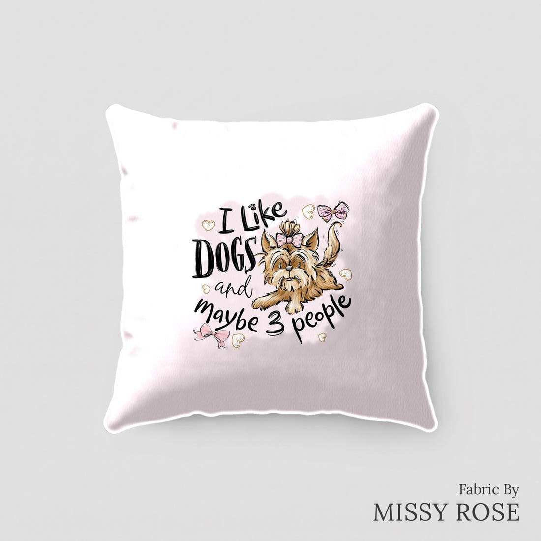 Design 154 Pink Dogs Panel sewn into a cushion – see how the panel looks made up | Fabric by Missy Rose