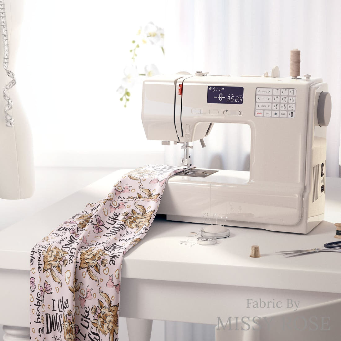 Design 154 Pink Dogs Fabric on a sewing machine – premium fabric for sewing projects | Fabric by Missy Rose
