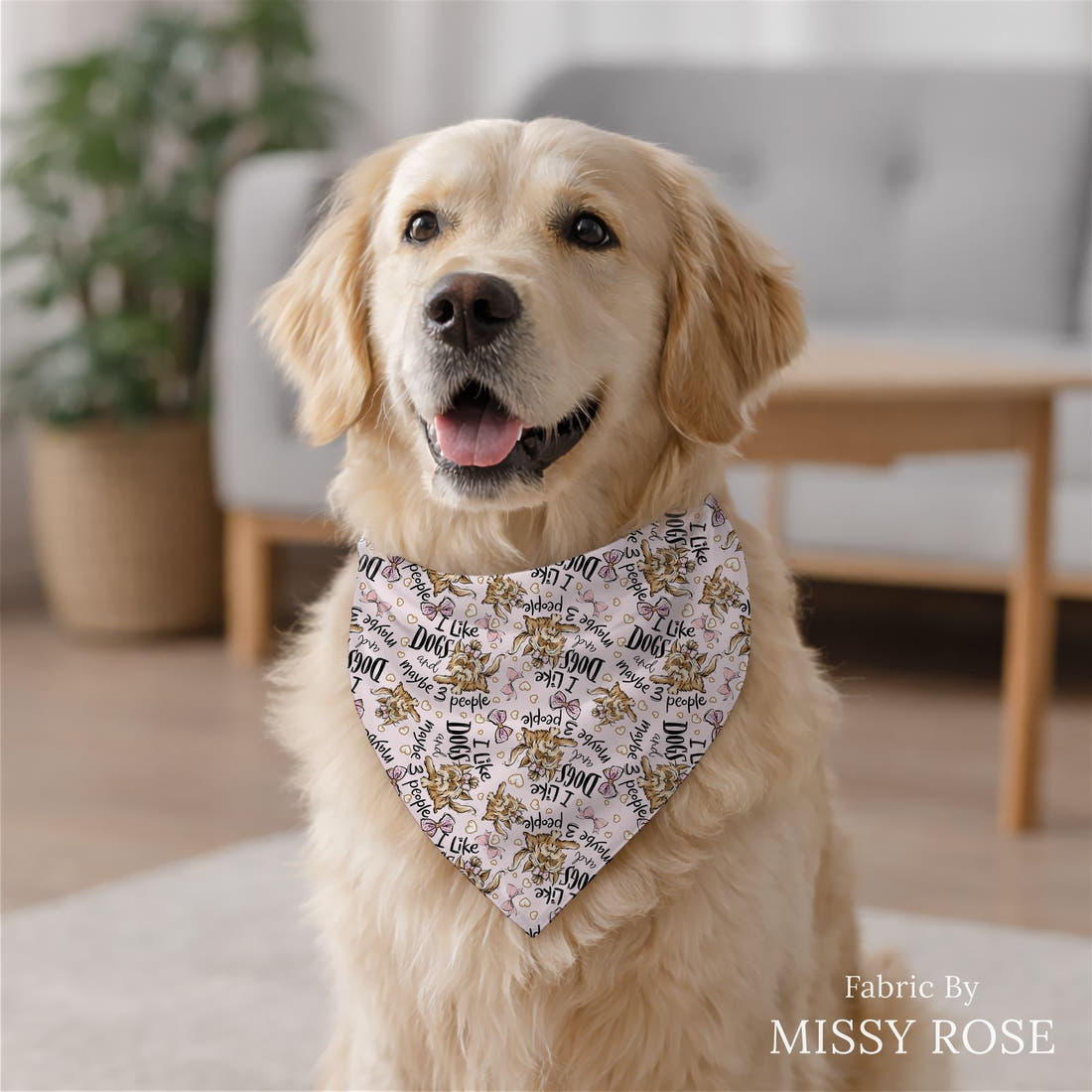 Design 154 Pink Dogs Fabric sewn into a dog bandana – see how the print looks made up | Fabric by Missy Rose