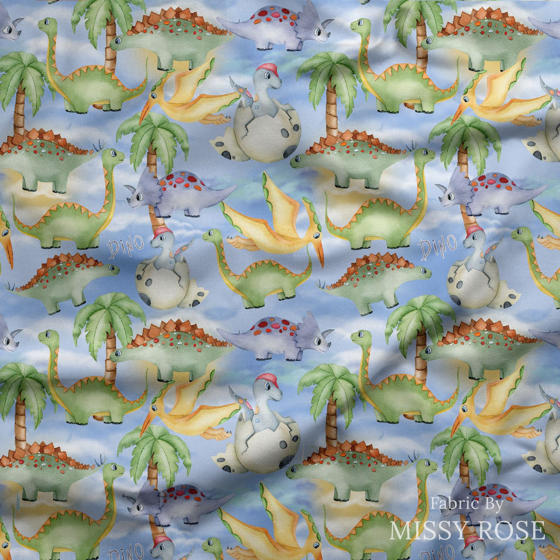 Design 155 Birthday Dinosaur Fabric draped fabric mockup – custom printed fabric by the metre | Fabric by Missy Rose