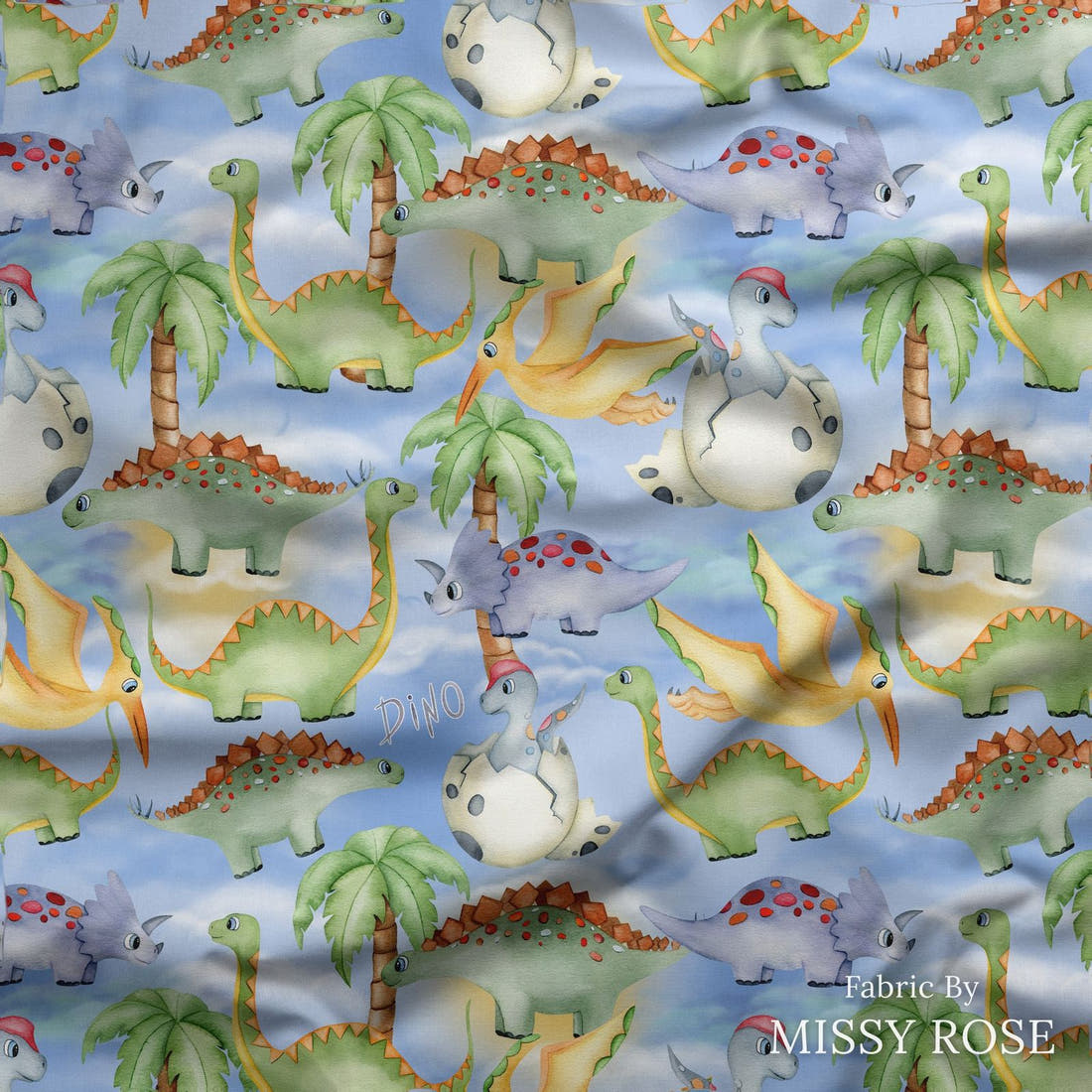Design 155 Birthday Dinosaur Fabric draped fabric mockup – custom printed fabric by the metre | Fabric by Missy Rose