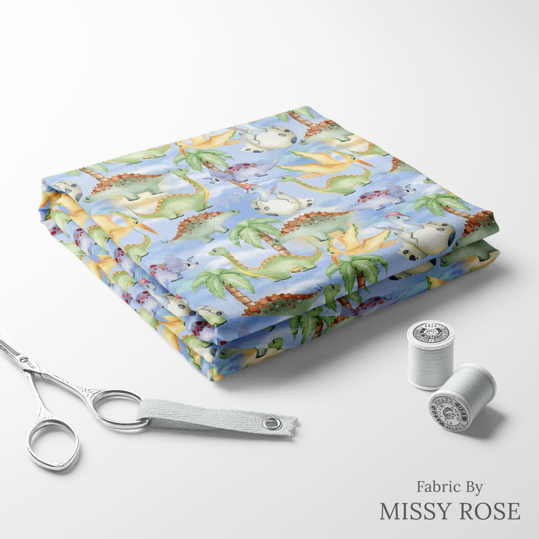 Design 155 Birthday Dinosaur Fabric folded fabric stack with matching thread – pre-order fabric Australia | Fabric by Missy Rose