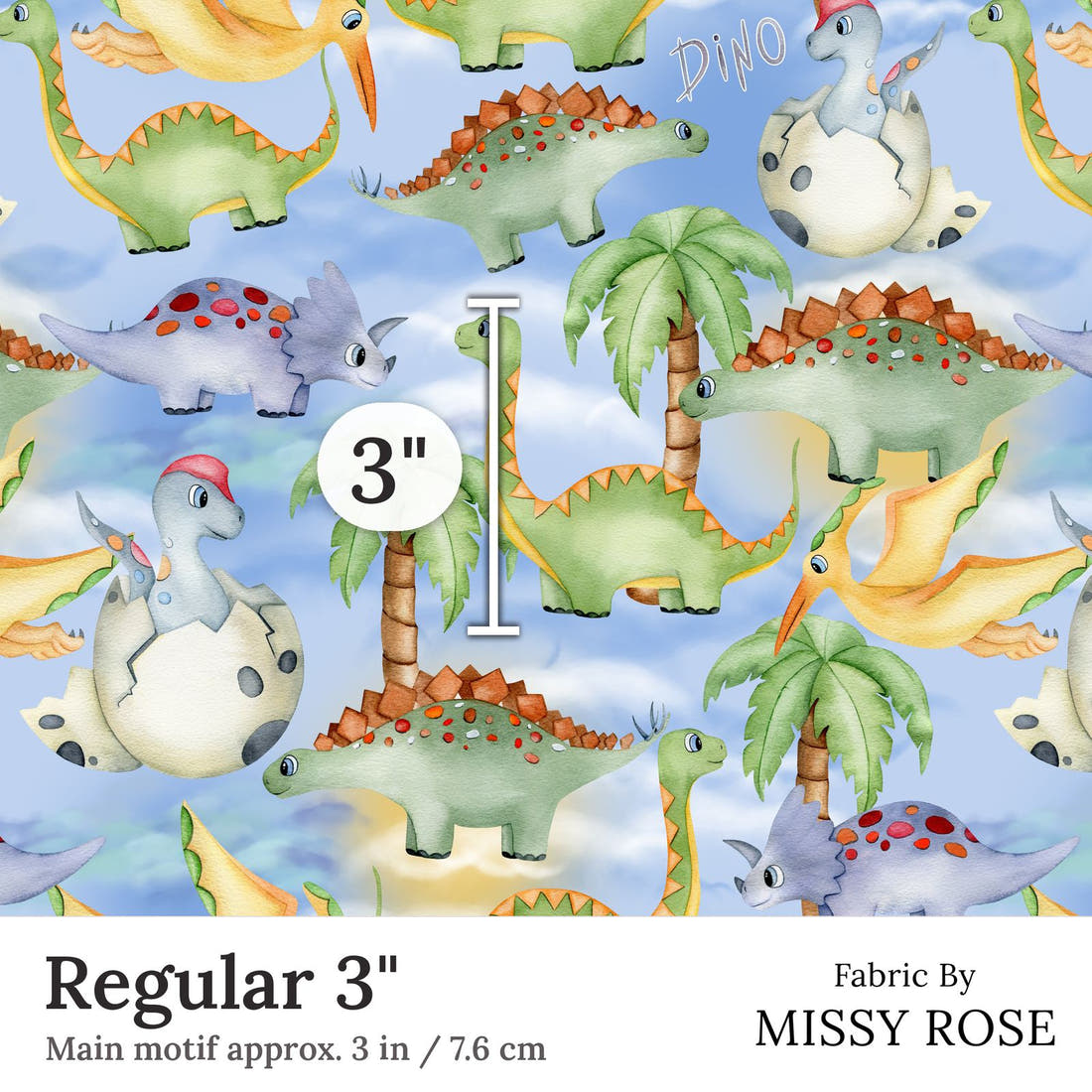 Design 155 Birthday Dinosaur Fabric Regular 3 inch print scale guide | Fabric by Missy Rose