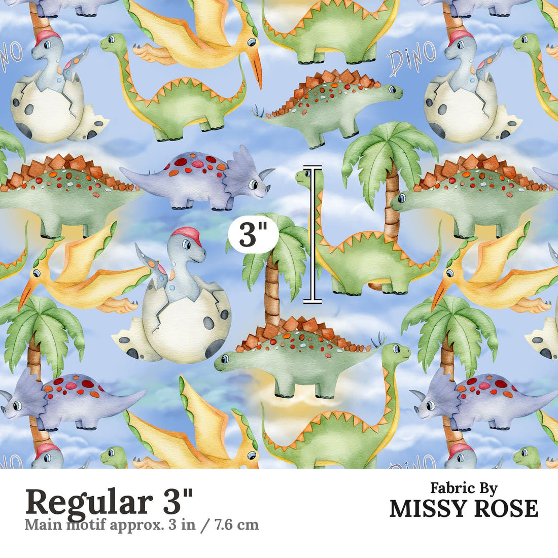 Design 155 Birthday Dinosaur Fabric Regular 3" - print scale | Fabric by Missy Rose