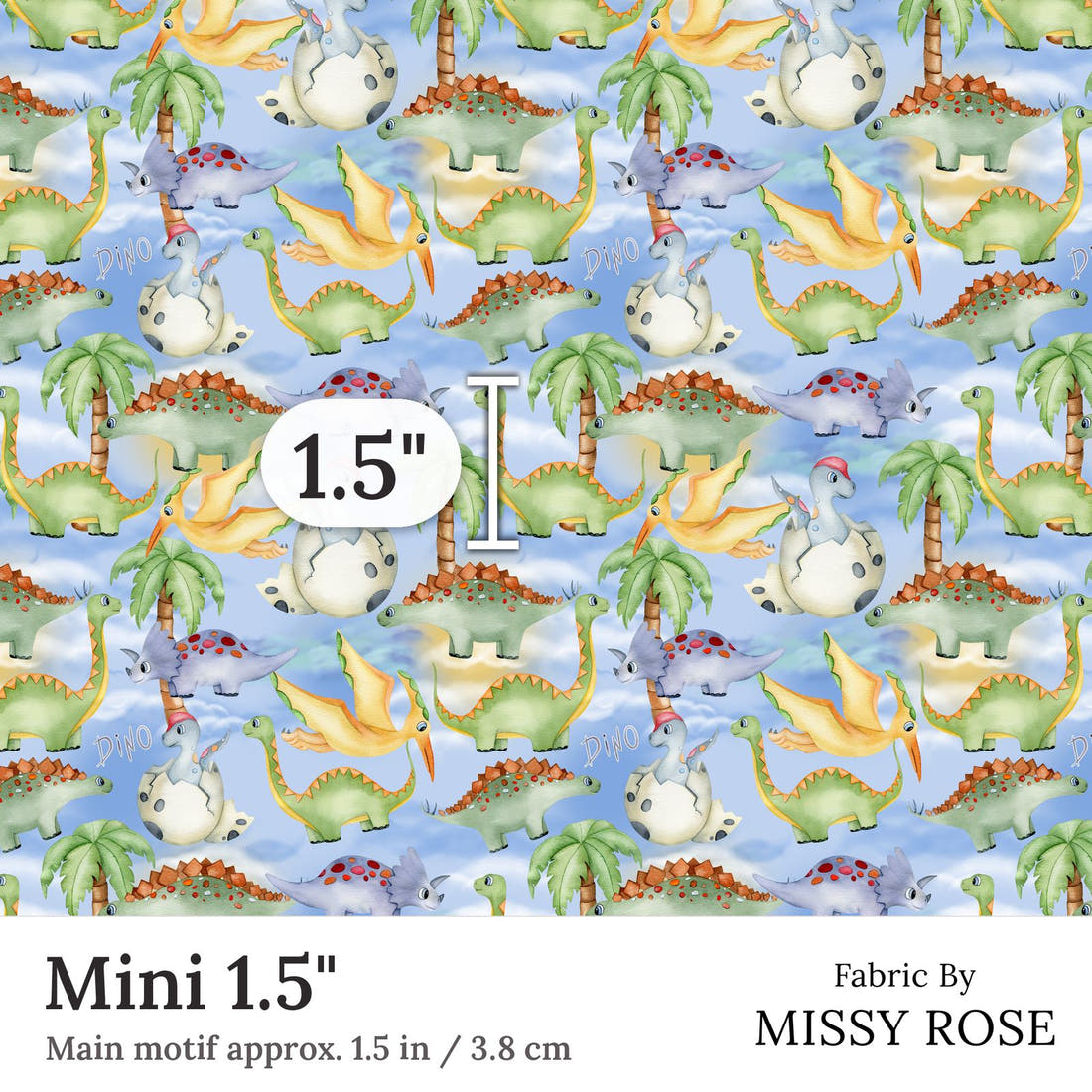 Design 155 Birthday Dinosaur Fabric Mini 1.5 inch print scale guide | Fabric by Missy Rose
