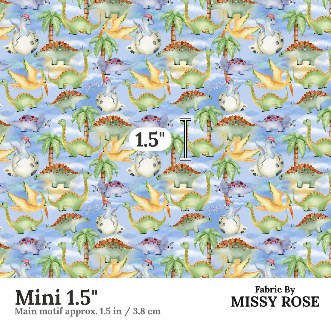Design 155 Birthday Dinosaur Fabric Mini 1.5" - print scale | Fabric by Missy Rose