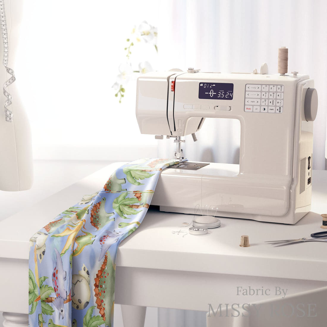 Design 155 Birthday Dinosaur Fabric on a sewing machine – premium fabric for sewing projects | Fabric by Missy Rose